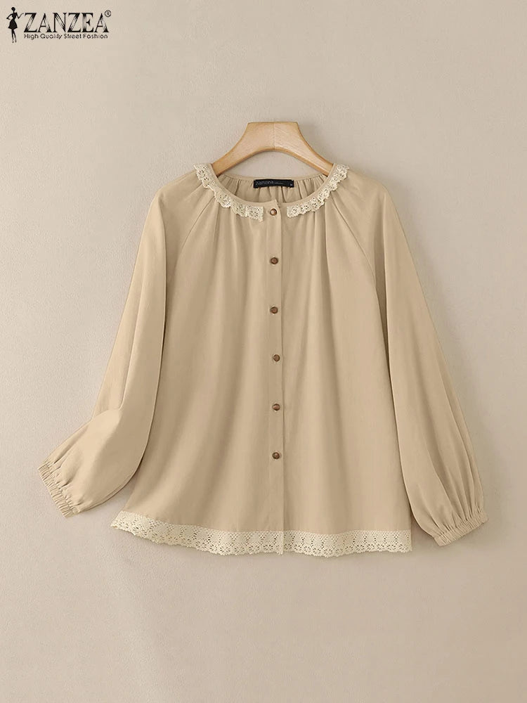 ZANZEA Spring Long Sleeve Solid Cotton Blouse Elegant Women Shirt Vintage Lace Patchwork Tops Mujer Casual Buttons Down Blusas