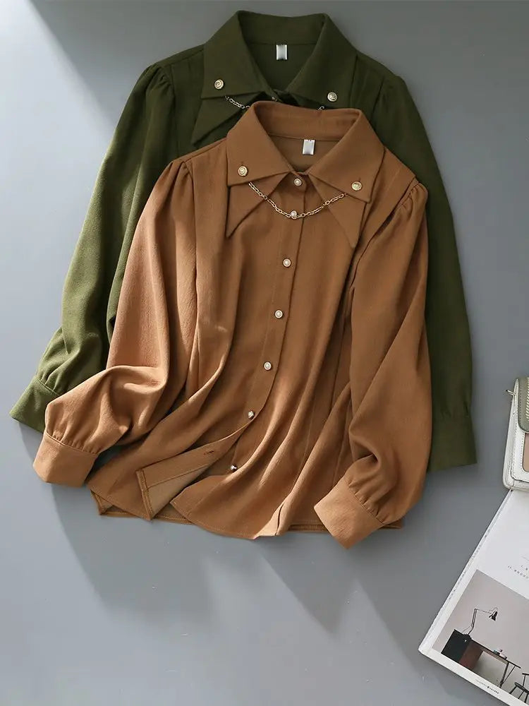 Brushed Corduroy Lapel Long-sleeved Shirt Women's Autumn and Winter New Design Chain Retro Shirt Thickened Bottoming Top