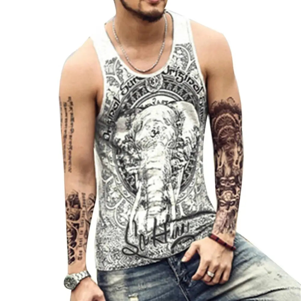Grey Men Tank Top Casual Fitness Singlets Brand Mens Sleeveless Gasp Hip Hop Vest Elephant Print Cotton undershirt 2019 Vintage