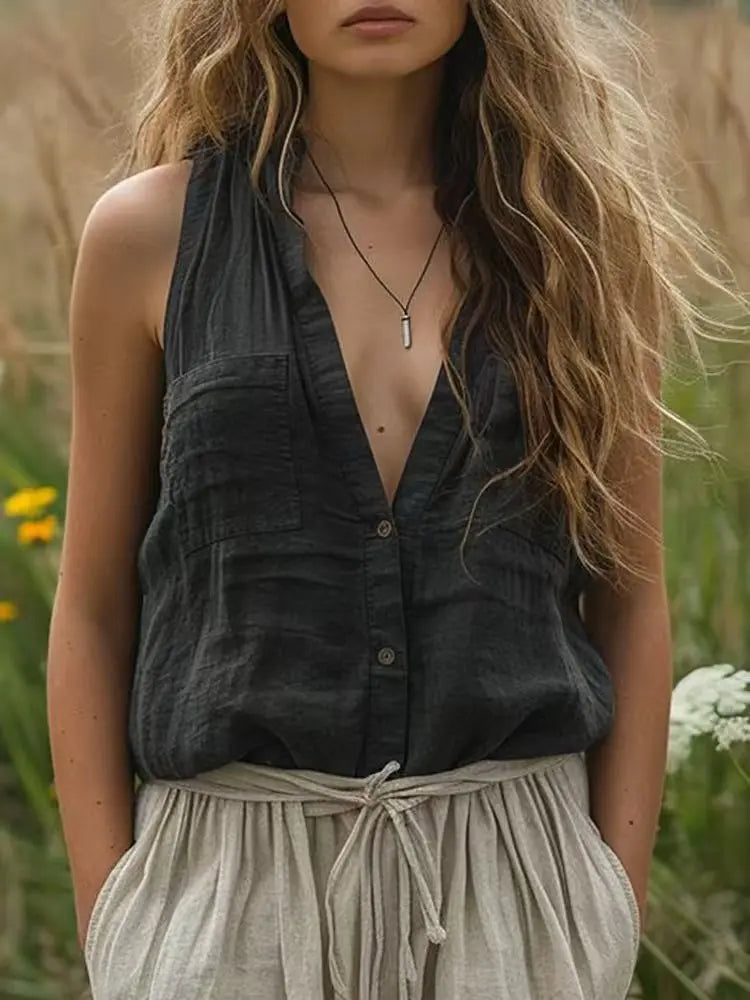 Elegant Sleeveless Women's Shirt Casual Loose Cotton And Linen Solid Color V-neck Vest Tops Fashion Pocket Button Up Blouse