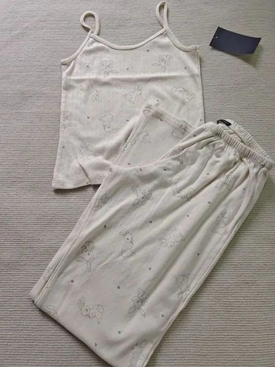 Eyelet White Tank Pant Home Set Woman Bow Slim Crop Top+Elastic High Waist Straight Trousers Summer Cotton Pajama 2 Piece Sets