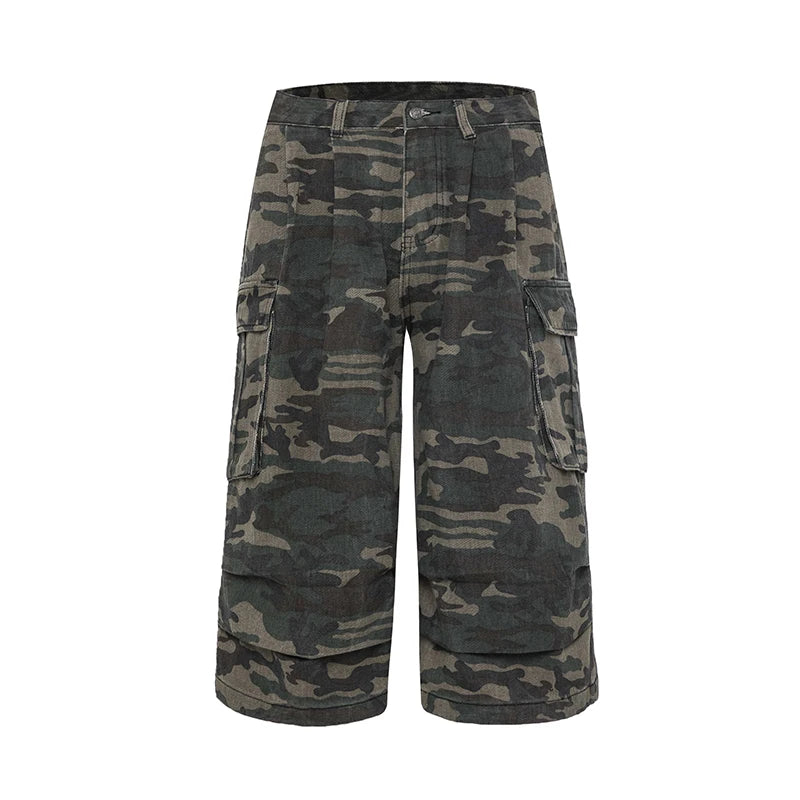 REDDACHiC Cargo Pockets Camouflage Baggy Jorts Women Pleated Pintuck Loose Casual High Rise Denim Shorts Harajuku Retro Clothes