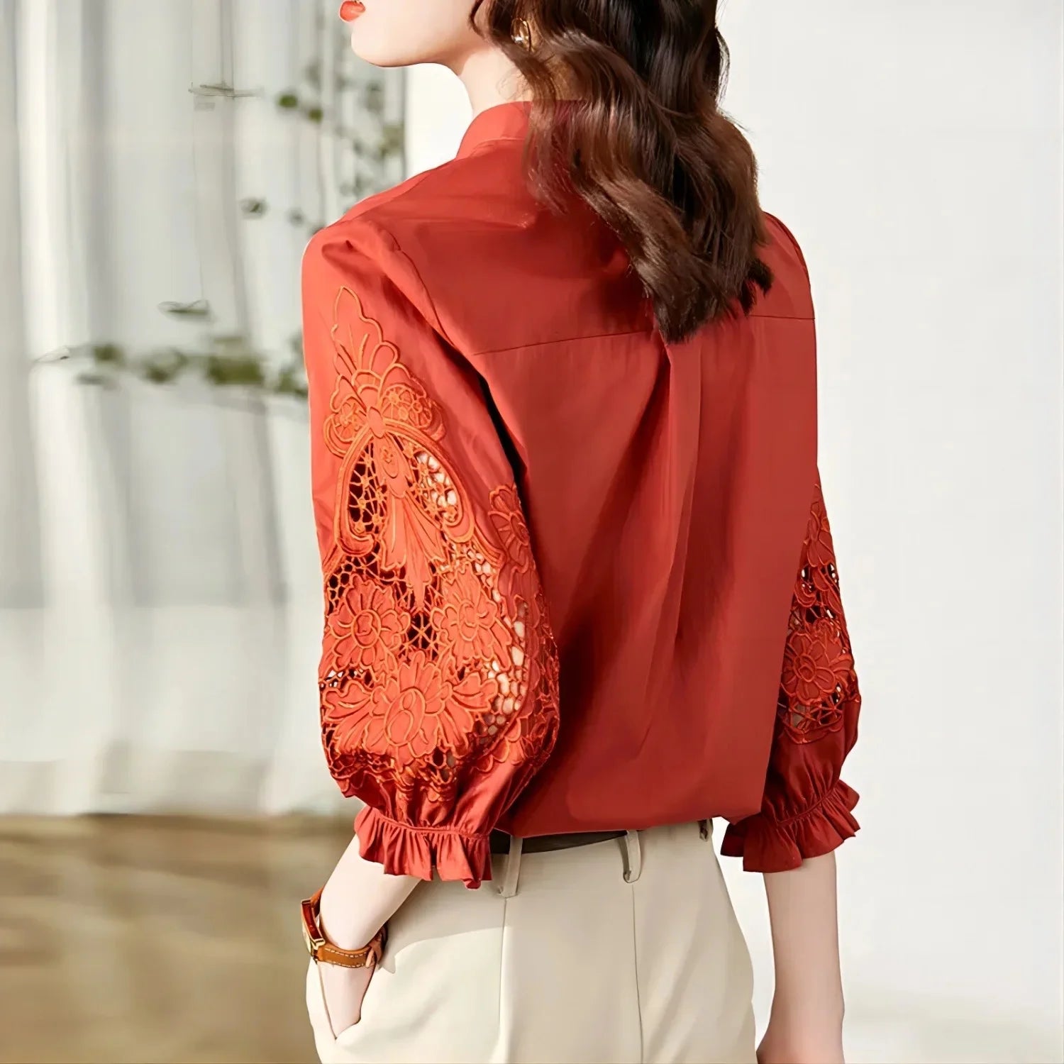 Women Spring Autumn Style Blouses Shirts Lady Casual Stand Collar Solid Color Hollow out Sleeve Blusas Tops