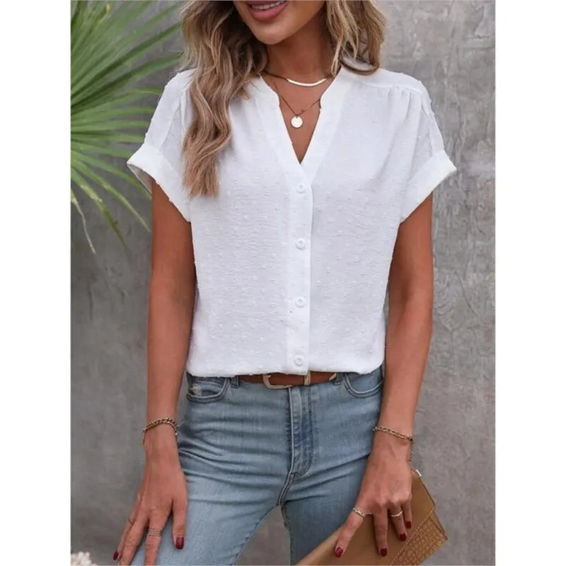 2024 Summer New Solid Color Jacquard V-neck Button Women's Shirt Elegant Office White Cardigan Shirt Loose Tops Blusa Feminina