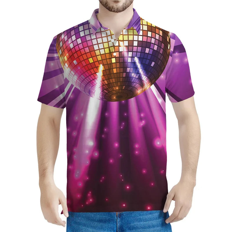Vintage Colorful Disco Lights Graphic Polo Shirts Men 3d Printed T-shirt Summer Street Short Sleeves Y2k Tops Loose Tee Shirt