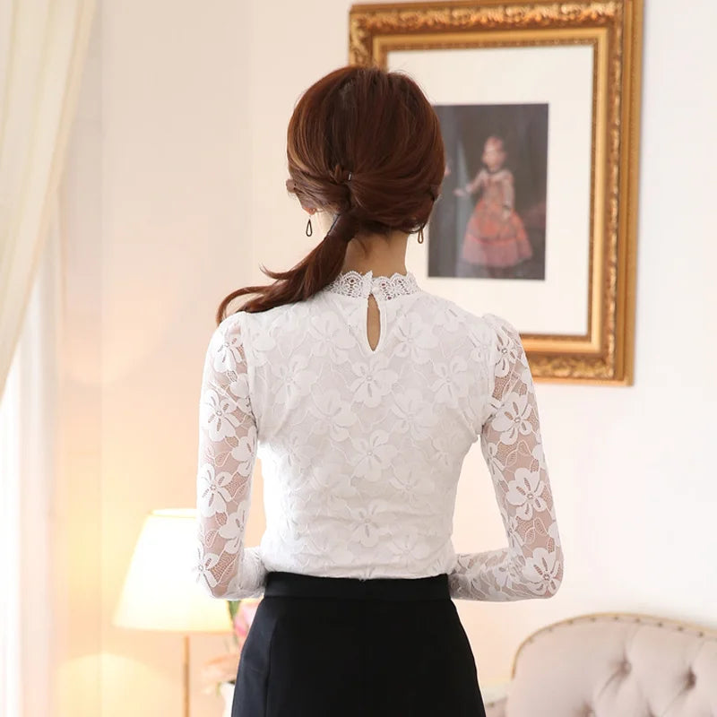 Women's Long-sleeved Lace Base Shirt 2024 Autumn New Trendy Women's Top Slim-fit Inner Wear Stand-up Collar Chiffon Blouse
