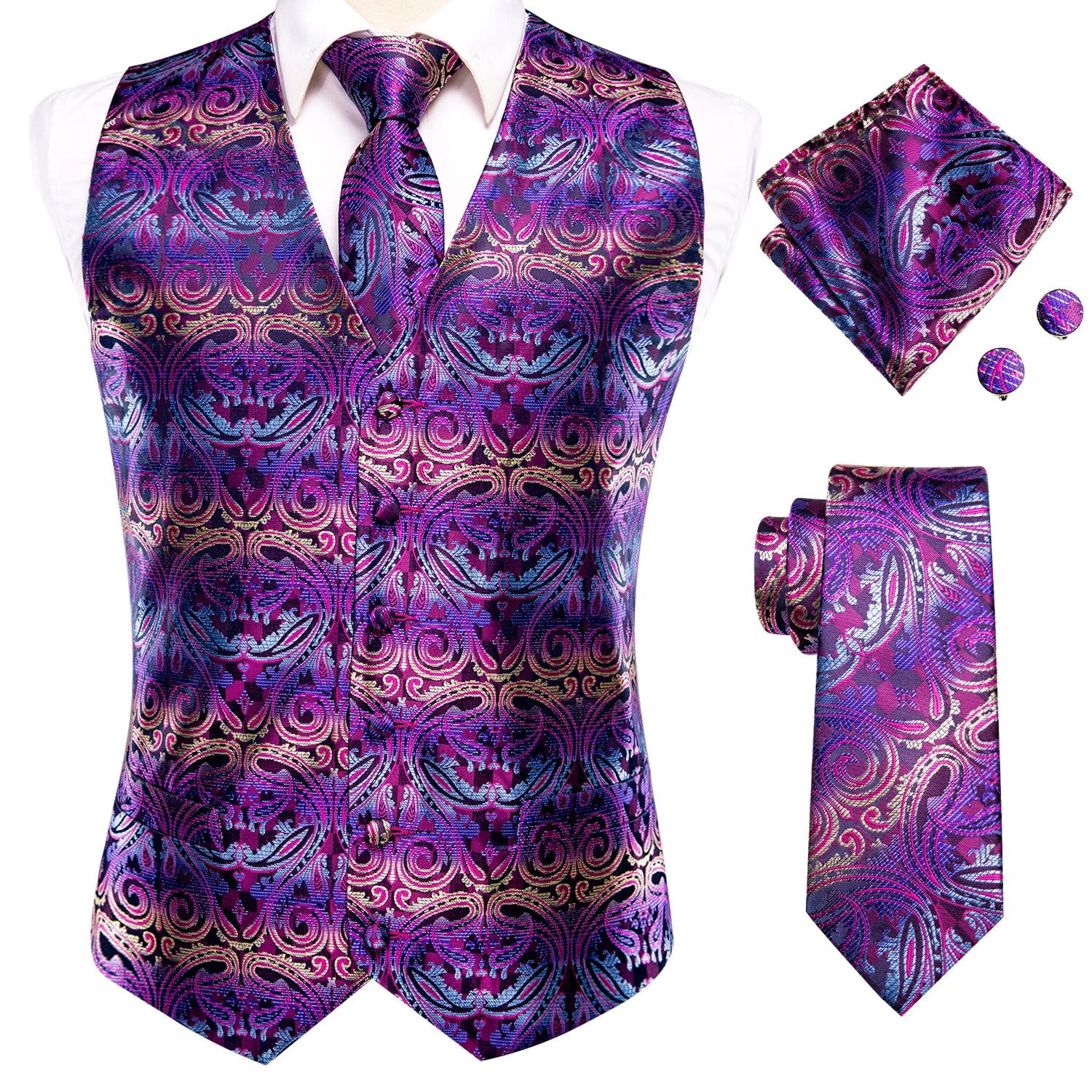 Hi-Tie Black Men Silk Vest Paisley Jacquard Necktie Hankerchief Cufflinks Sets Male Sleeveless V-Neck Waistcoat Business Formal
