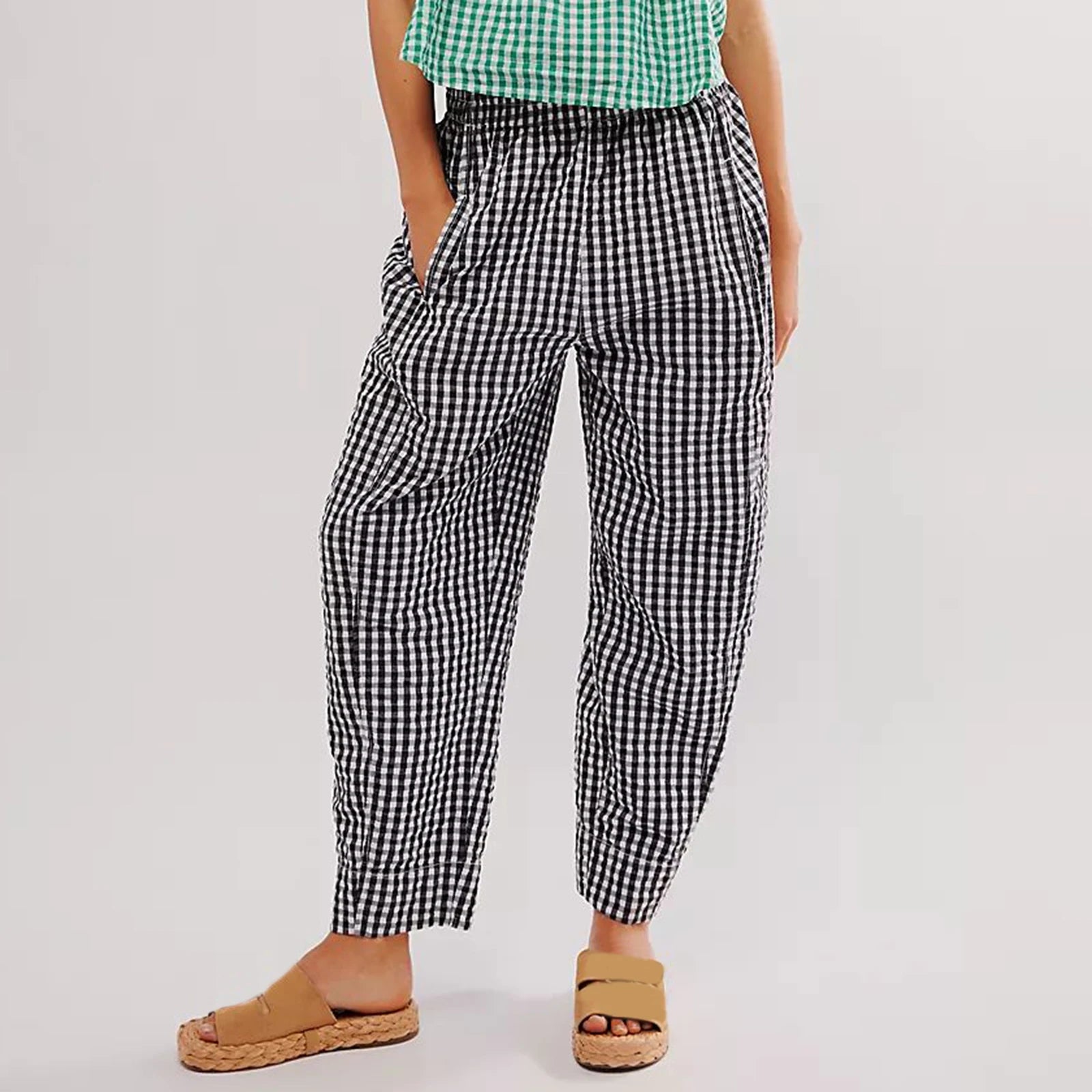 Y2K Gingham Wide Leg Lounge Pants Plaid Drawstring Pajama Pants Checked Loose Fit Pj Pants Trousers Casual Home Pant