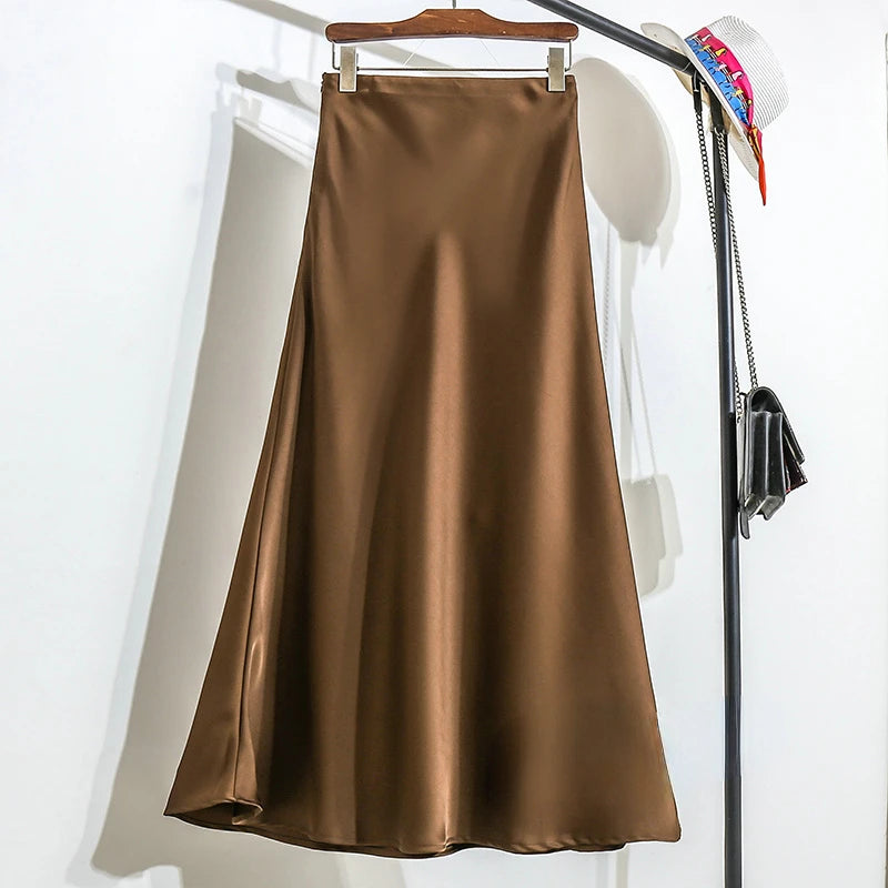 Women's Long Skirt 2024 New Fashion Satin Skirt Office Lady Elastic Waist Solid Champagne Purple Red Silk A-LINE Skirt for Women