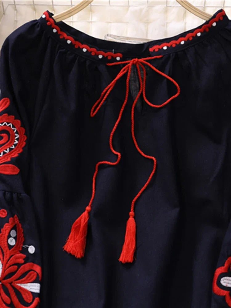Women's Retro Blouse National Style Embroidered Lace-Up Tassel V-Neck Lantern Sleeve Tops Loose All-Match Female Blusa PL536