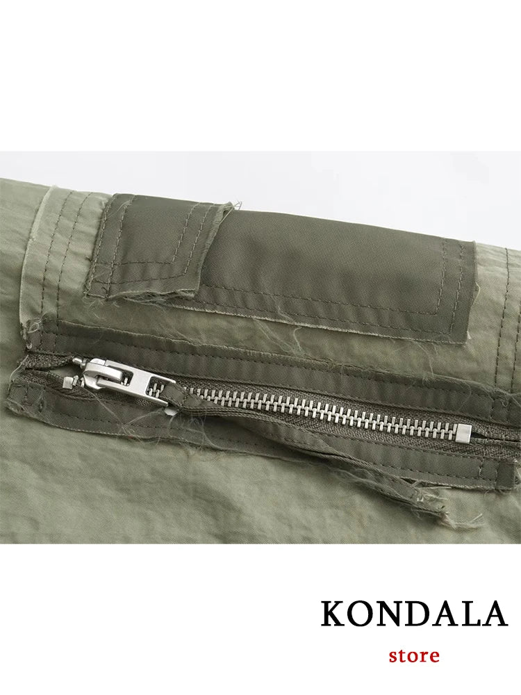 KONDALA Streetwear Armygreen Bomber Jackets Women Patchwork Zipper Pockets Oversized Jackets Fashion 2025 Winter Spring Coats