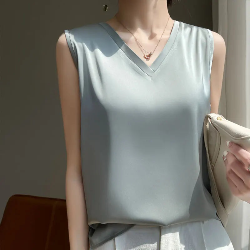 V-Neck Silk Vest Women's Summer Short-Sleeved Blouse With Acetic Acid Satin Top Sleeveless Bottoming Shirt YTM A39