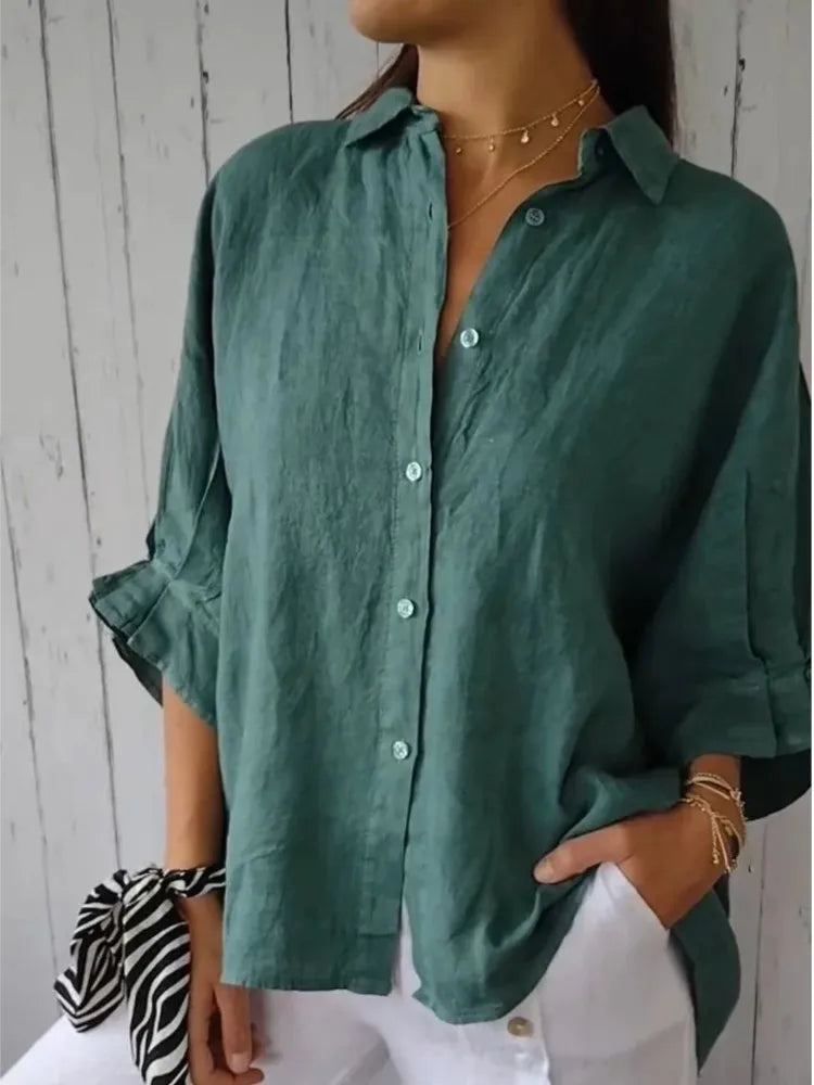 New Women Cotton Linen Shirts Elegant Back Bow Lace Up Solid Casual Shirt Spring Summer Lapel Half Sleeve Blouse Loose Tops