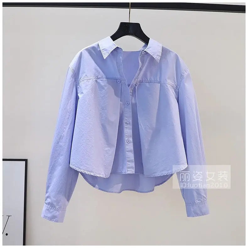 Design Sense Pleated Short Shirt, Women's Blue Loose Long Sleeved Cotton Shirt, New Top For Spring/summer 2024