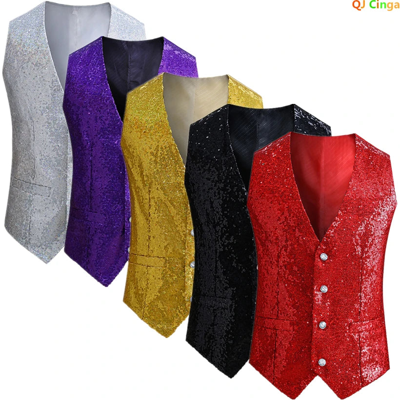 Red Shiny Sequins Single Breasted Sleeveless Vest Men's V-Neck Waistcoat Gold Black White Blue Purple Available M L XL XXL XXXL