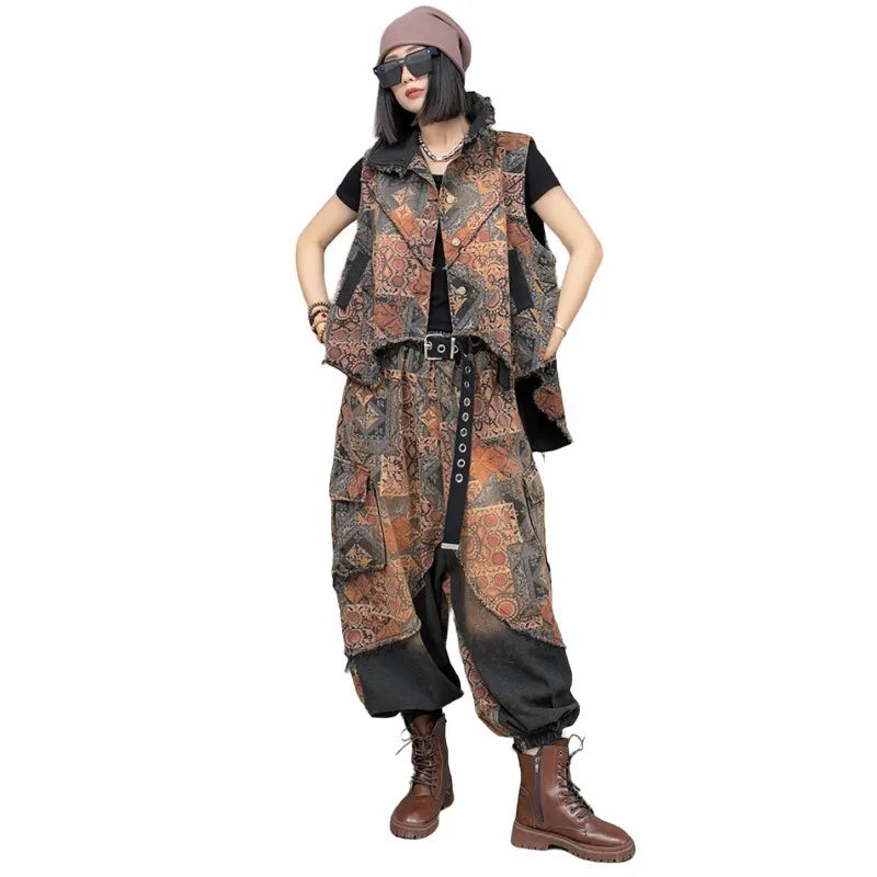 Spring Summer Trendy Personality Print Distressed Denim Irregular Vest + Large Crotch Pants Two-piece Set Women LX323