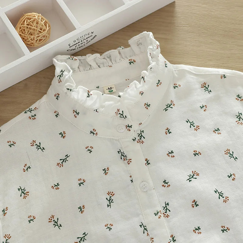 Exquisite Floral Printed Shirt Women 2024 New Sweet Fresh Style Ladies Blouses & Tops Casual Female Cotton Yarns Shirt Clothes