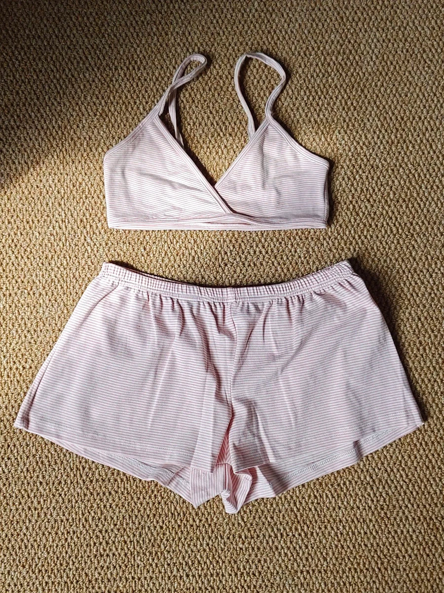 New Cherry Cotton Bra Shorts 2 Pieces Set Women Sexy V-neck Slim Bras with Straight Short Pants Casual Sweet Home Pajama Sets