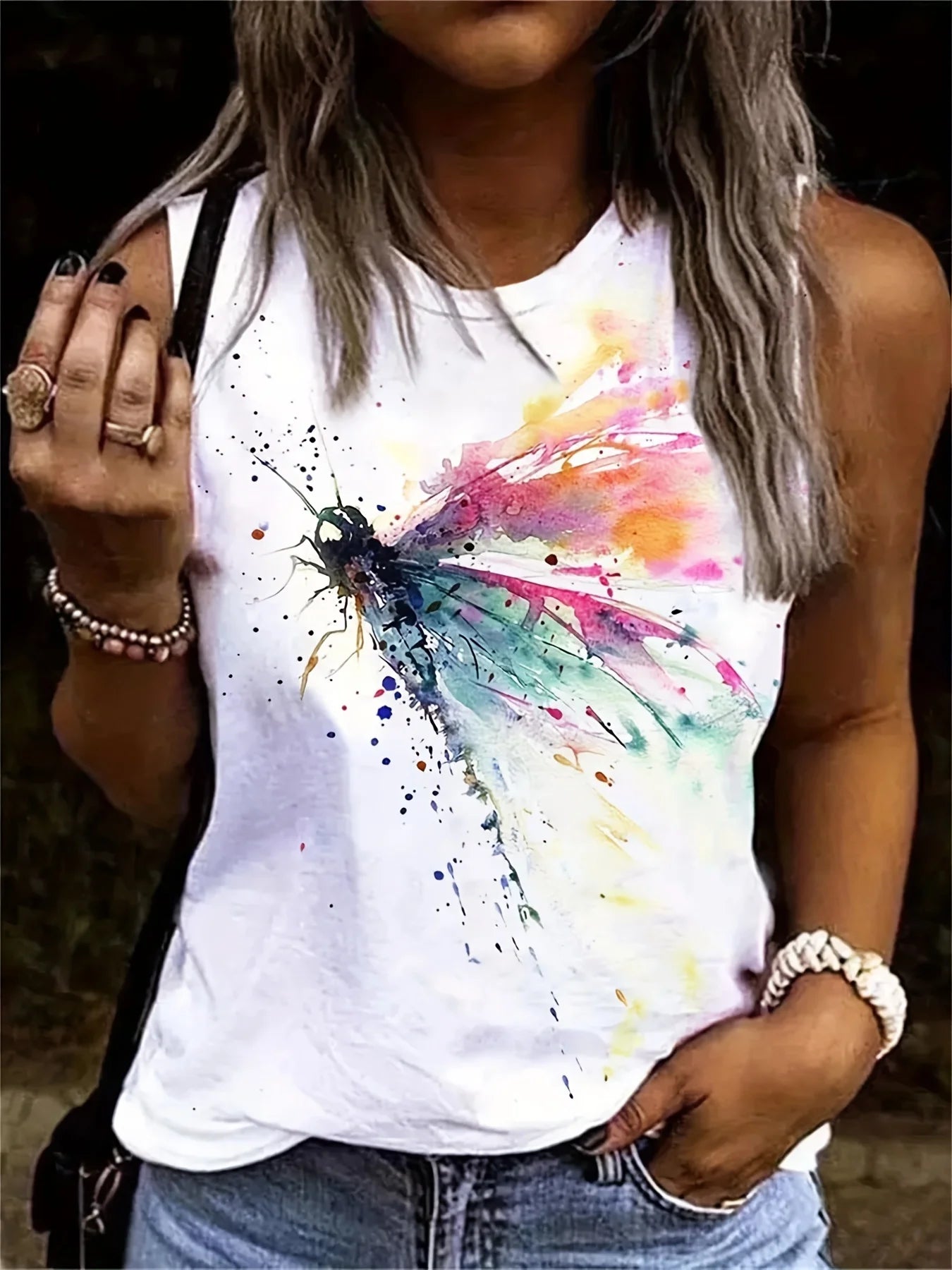Women's Summer Colorful Dragonfly Print Large Casual Sleeveless Loose Tank Top T-shirt Tank Sleeveless Slim Vest Tops Streetwear