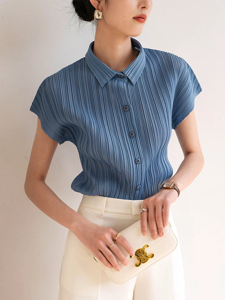 Miyake Pleated Cardigan Single Breasted Short Sleeve Polo Shirt Women Spring Summer Korean Fashion Causal Comfortable Clothing