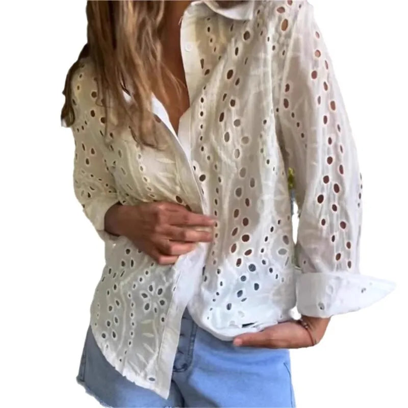 Fashion Women's Blouses Spring And Autumn White Shirt Collar Loose Embroidered Hollow Large Size Shirt Tops For Women Clothing