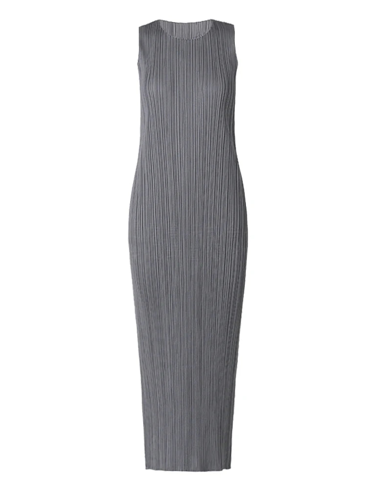 Miyake Pleated Women Dress Summer Sleeveless Long Classic Korean Fashion Casual Elegant Female Lce Water Blue Beach Dress TP5045