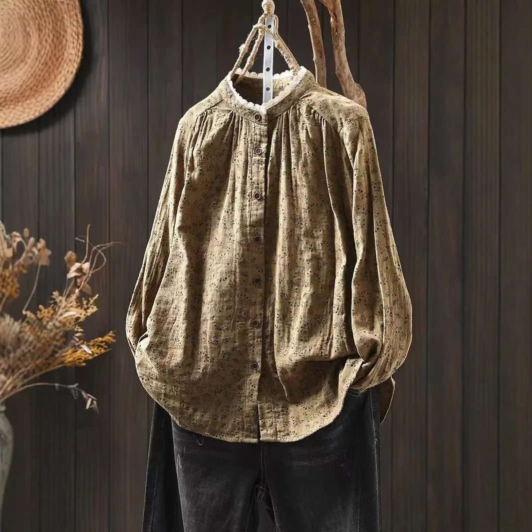 Women Long Sleeve Cotton Shirt New Arrival 2024 Autumn Vintage Style Lace Stand Collar Loose Female Casual Tops Shirts M283
