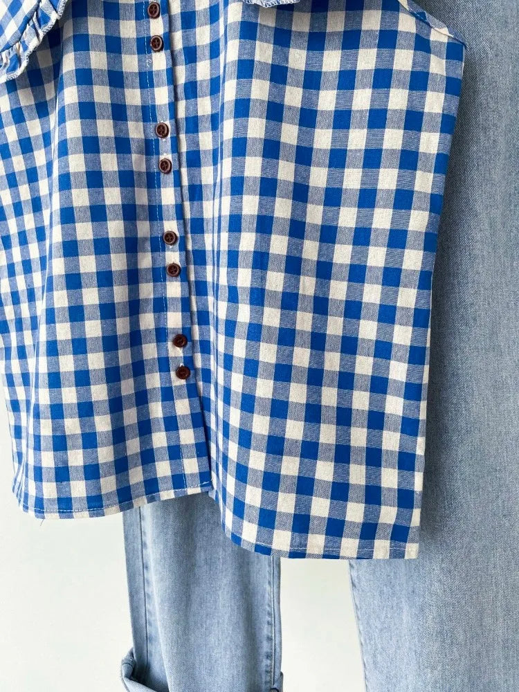 Korobov French Blue Plaid Ruffled Sleeveless Shirt Women's Clothing Summer Loose Blouses Doll Age Reduction Sweet Fashion Top