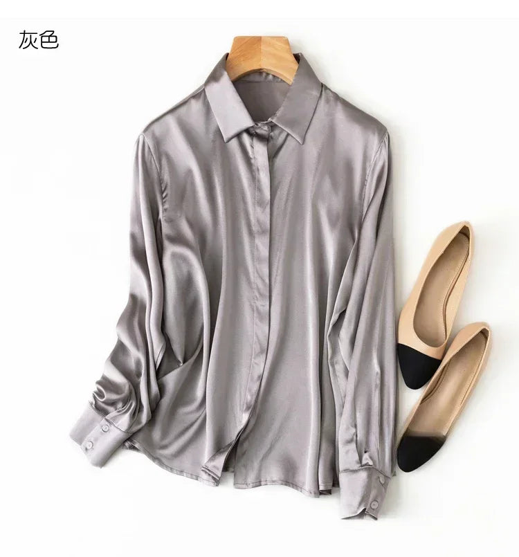 Tajiyane Women's 93% Mulberry Silk 7% Spandex 19 momme satin Silk Buttons long sleeve shirt Top Blouse office work chemise femme