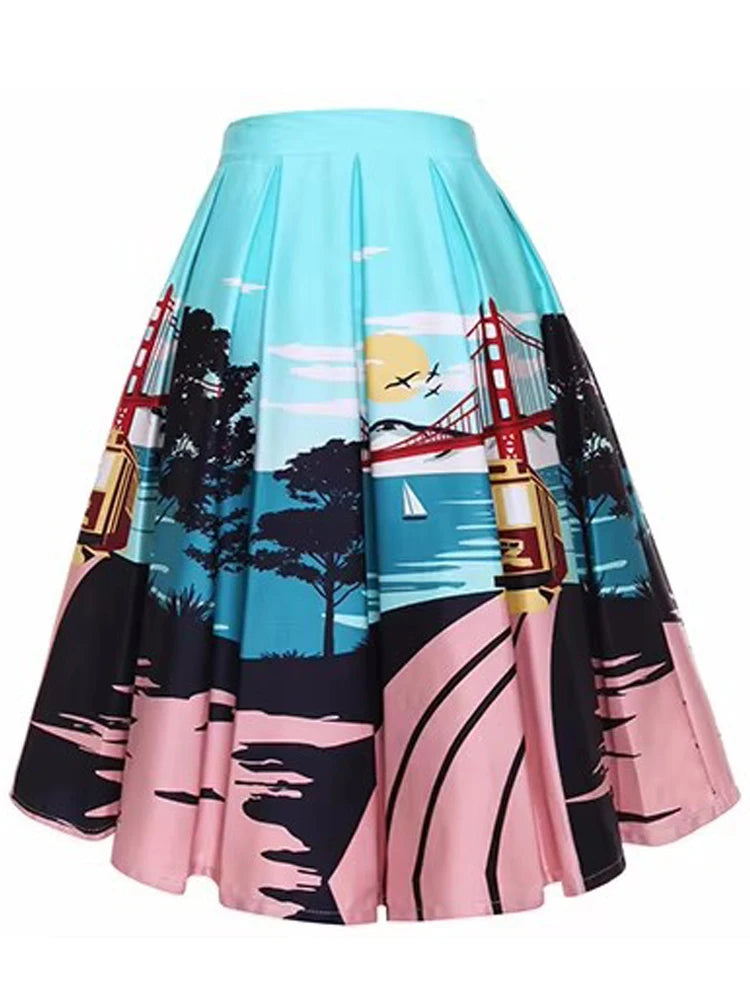 4XL Floral Music Print 50s 60s Swing Skirts Summer Casual Retro High Waisted Pleated Rockabilly Vintage Jurken Women Clothing