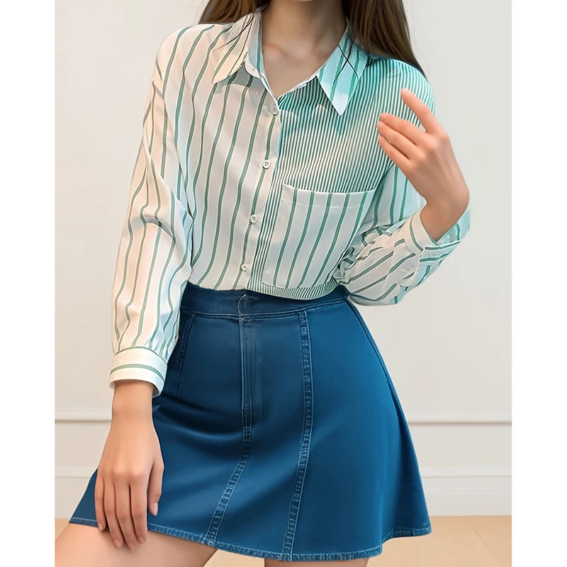 Loose Casual Striped Patchwork Pocket Luxury Sweet Top Shirt And Blouses Clothing For Women's Pink 2025 Summer Trendy All-match