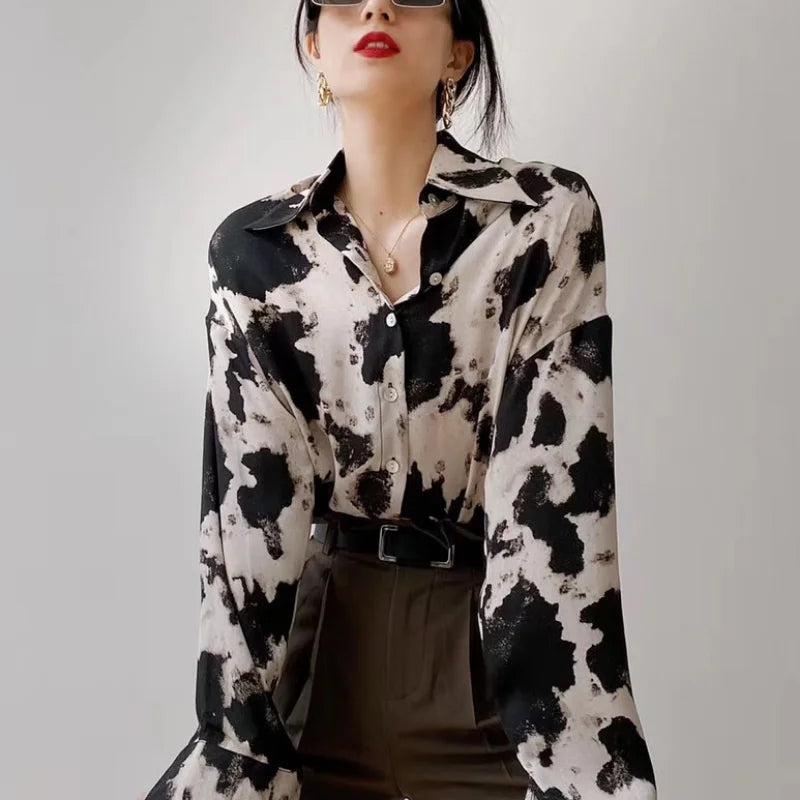 Cow Print Button Up Shirts Women Spring Plus Size Tops Korean Fashion Clothes Chiffon Streetwear Long Sleeve Blouse New 13486