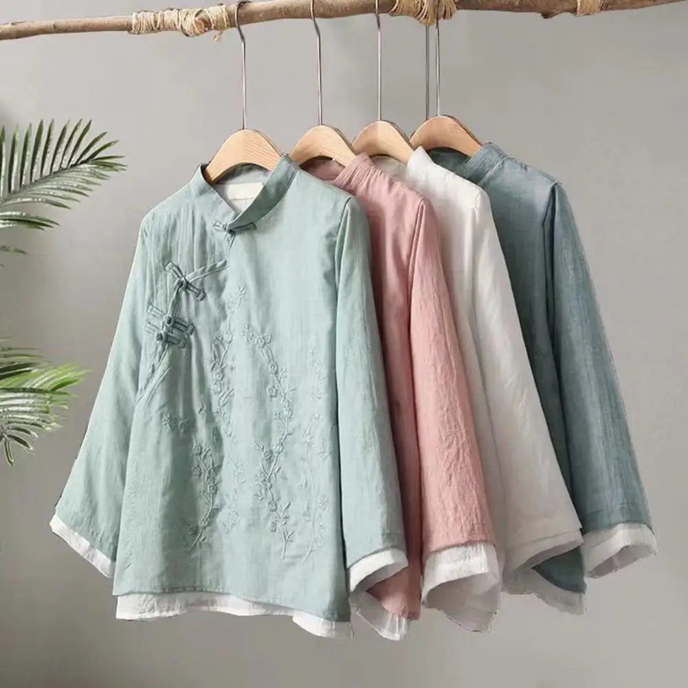 Women Spring Blouse Chinese Style Embroidered Flower Knot Button Vintage Shirt Loose Stand Collar Retro Shirt Lady Blouse Top