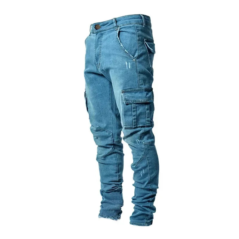 Autumn Winter New Men's Clothing Solid Color Stretch Multi-Bag Skinny Pants Slim Slimming Denim Cargo Pants Jeans