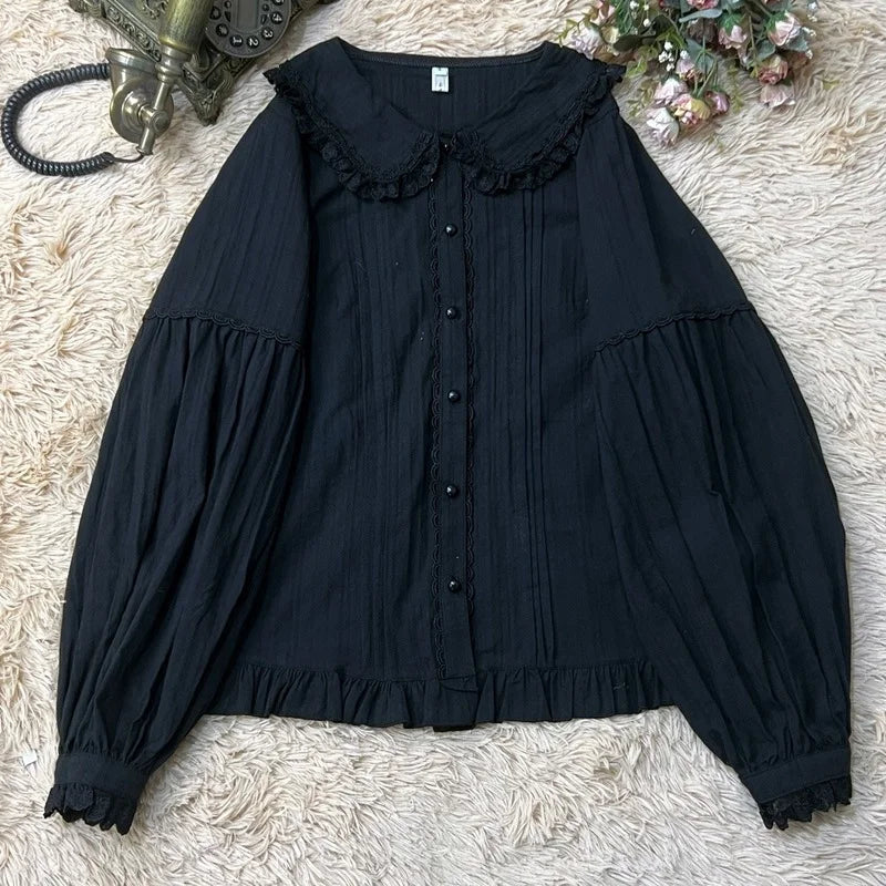 Sweet Lolita Blouses Women Cute Lace Bow Shirts Kawai Peter Pan Collar Long Sleeve Blouse Girl Cotton Comfortable Lolita Clothes