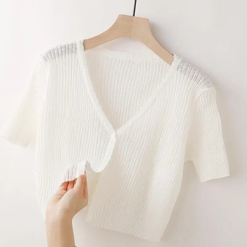 Ice Silk Knitted Cardigan Women's Summer Thin Short-sleeved Outer Wear Sun Protection Short Versatile Simple Commuter Top