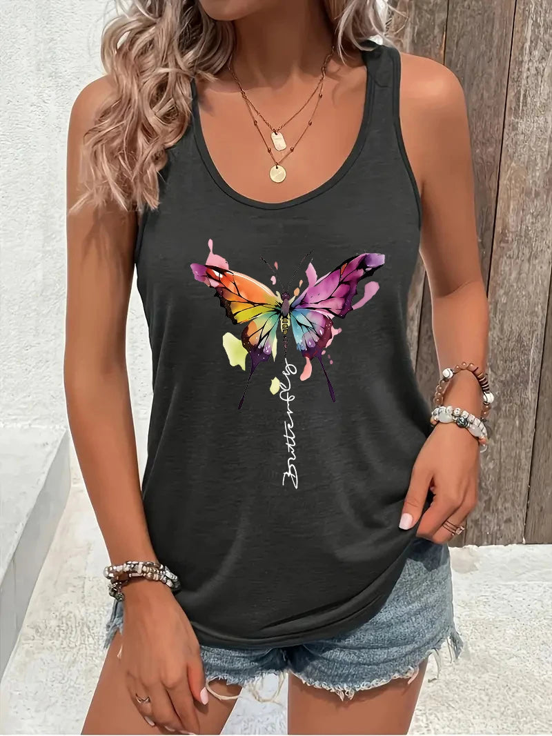 Colorful butterfly Print Women Tank Top Sleeveless Casual Summer New Crew Neck Tops for Women Clothes