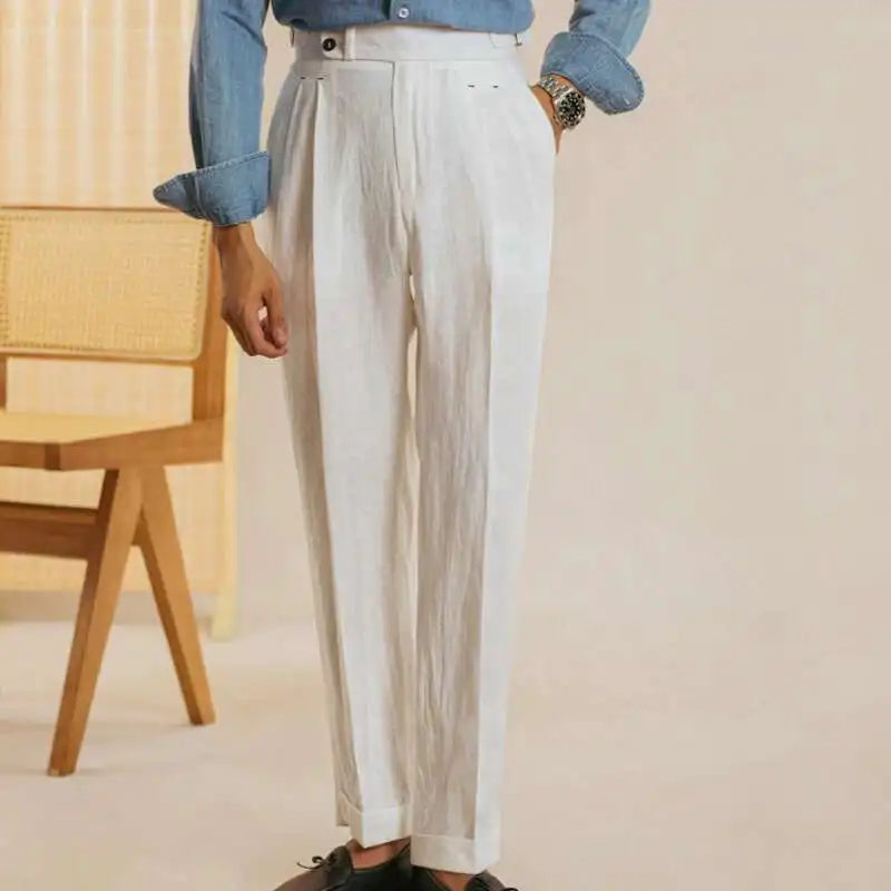 Linen  Retro Casual Pant British High Waist Pants Office-trouser Men Dress White Pant Trouser Straight Leg Pant Naples