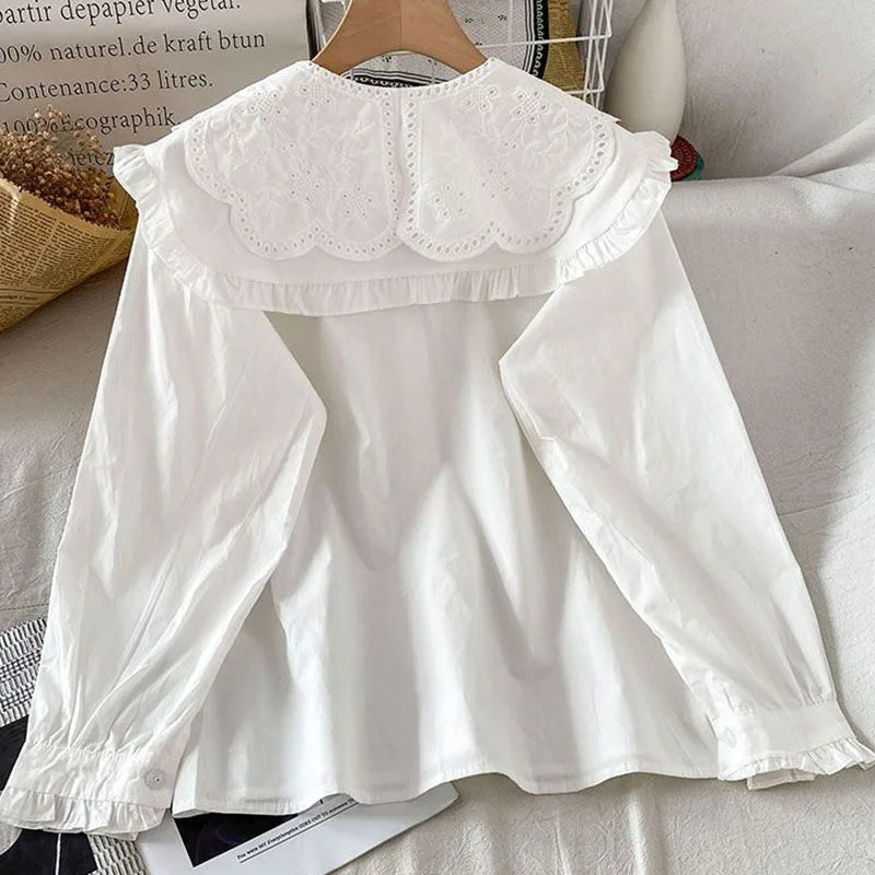 Preppy Style Peter Pan Collar White Shirt Women Spring Summer Long Sleeve Casual Loose Student Blouses Kawaii Button-Up Shirts
