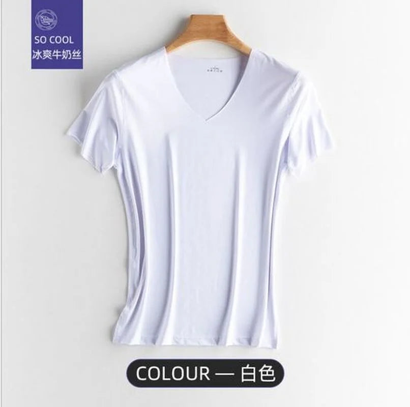 Fashion Summer Seamless Breathable Ice Silk T-Shirt Vest Men's Sports Short Sleeve T-shirt Ice Silk Solid Color V-neck M-5XL