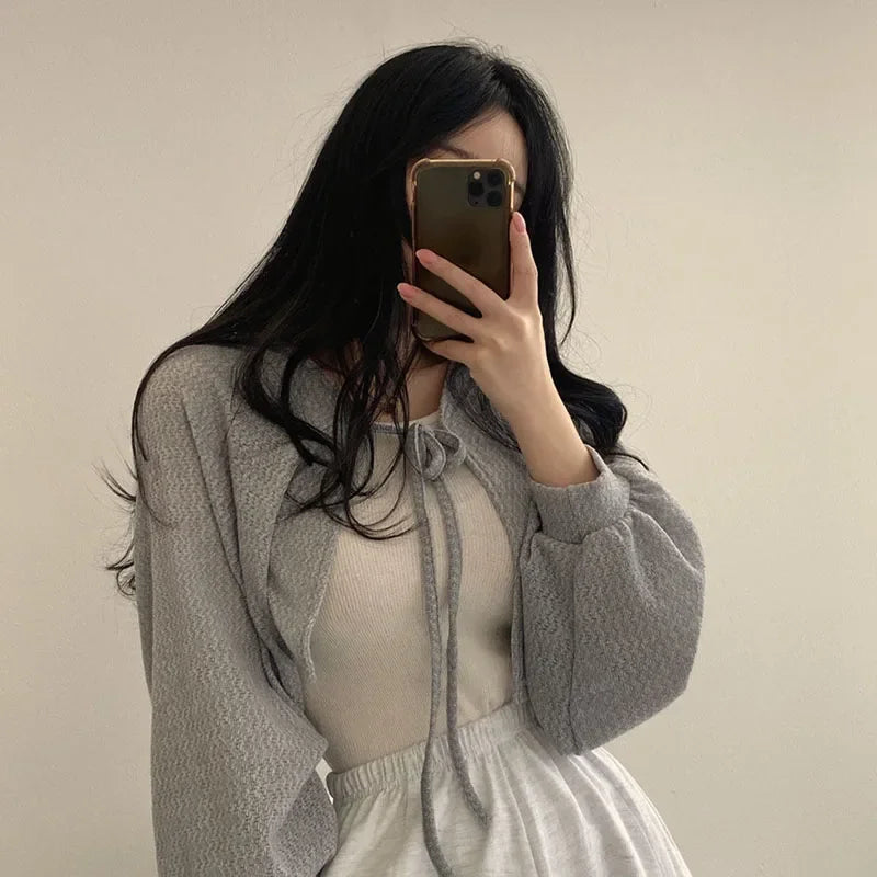 White Knitted Cardigan for Women Summer Thin Sunscreen Lace-Up Knitwear Tops Female Fashion Korean Lantern Sleeve Short Coat