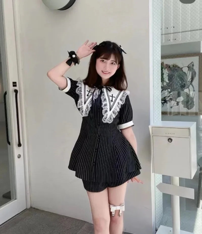 Embroidered Black Suit Mass-Produced Japanese Rojita Lolita Tops Single-Breasted Shirt + Shorts Two Piece Sets Womens Outifits