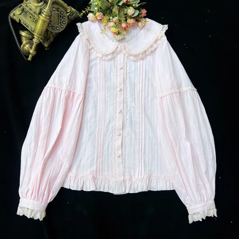 Sweet Lolita Blouses Women Cute Lace Bow Shirts Kawai Peter Pan Collar Long Sleeve Blouse Girl Cotton Comfortable Lolita Clothes