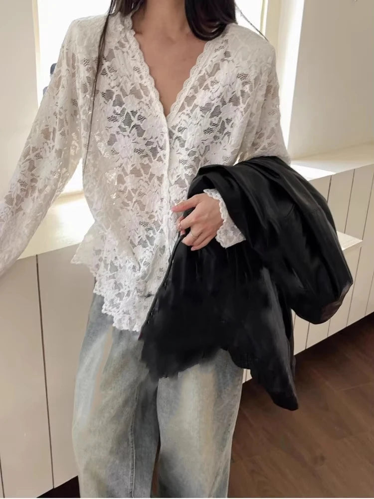 Sexy Lace See Through Grunge Blusas Y2k Aesthetic Single Breasted Oversized Women Blouse Vintage Embroidery Flower Harajuku Tops