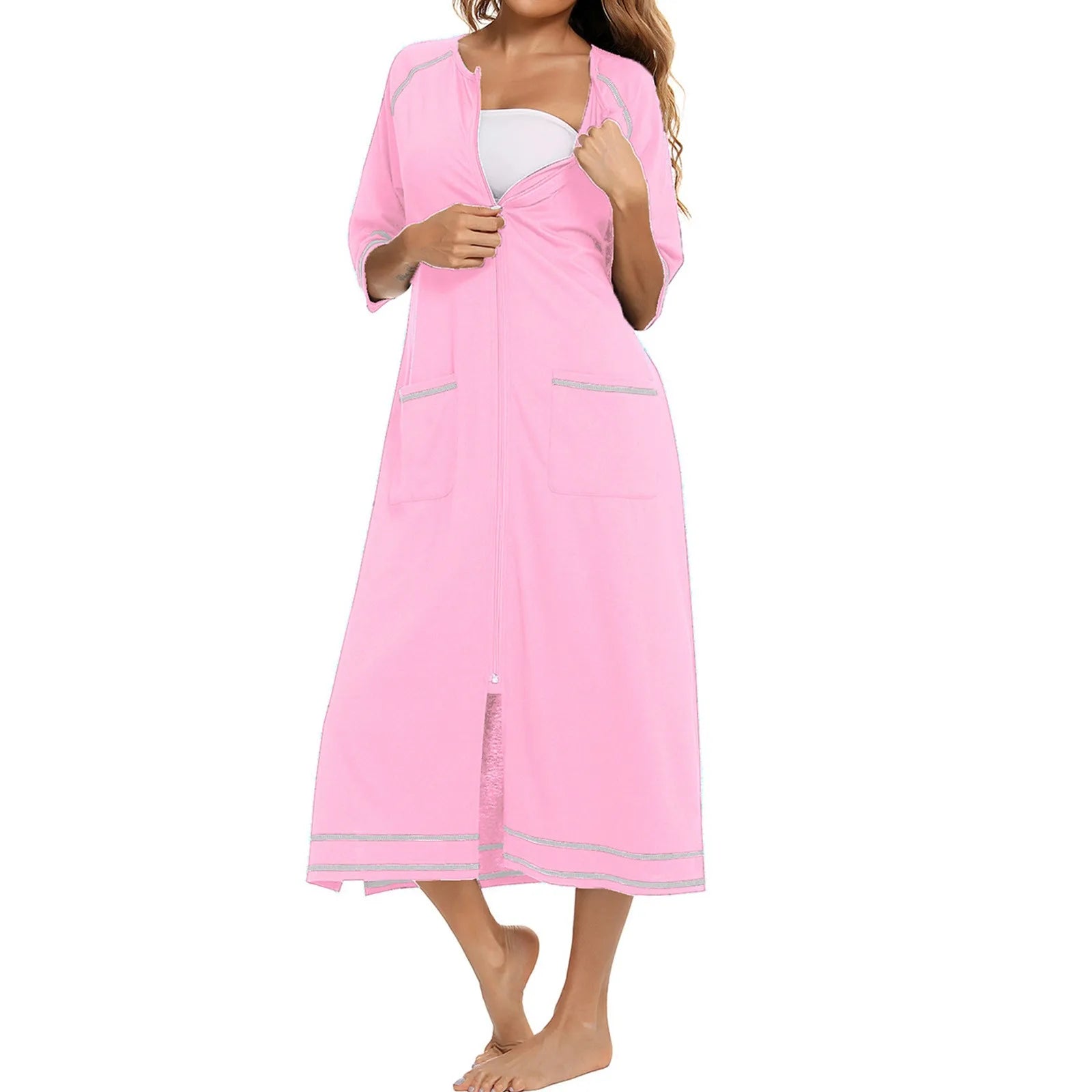 Summer Dresses For Women 2024 Zipper Front Robe Half Sleeve Bathrobe Full Length Soft Cotton Duster Dress With Pockets Home Wear