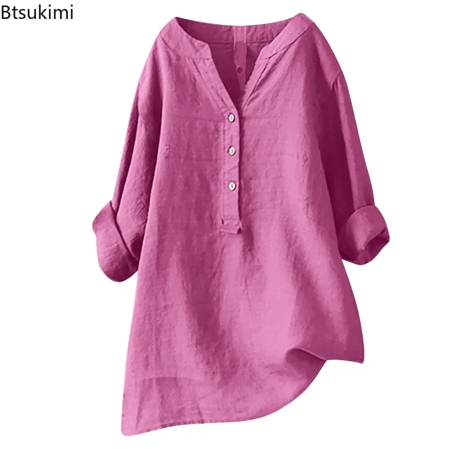 2025 Vintage Cotton Linen Shirts for Women Spring Summer Casual Loose Long Sleeve Shirt Ladies Oversize V-neck Blouse Tunic Tops