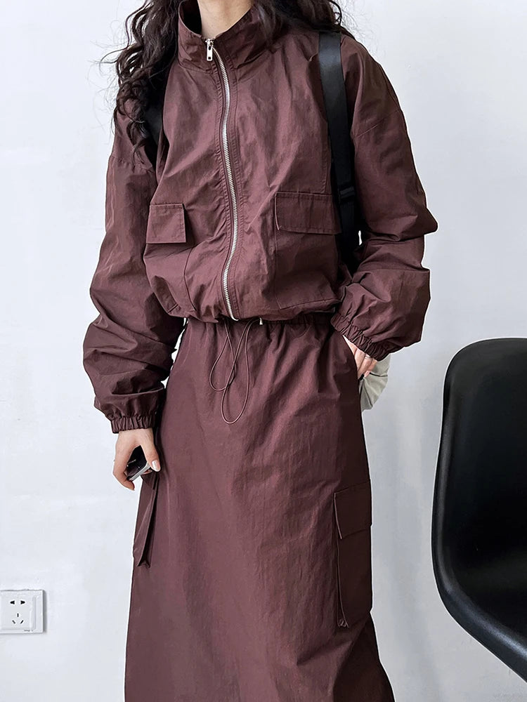 [EAM] Jacket Drawstring Big Size Half-body Skirt Two Pieces Suit New Stand Collar Women Fashion Spring Autumn 2025 1DH0976