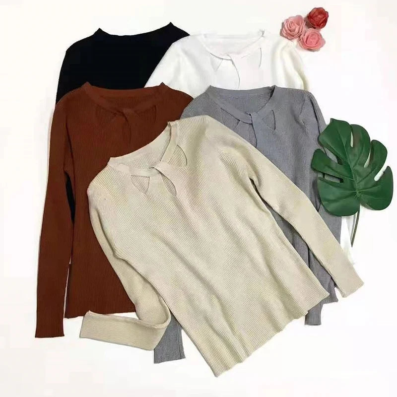 Women's O-neck Stretch Sexy Pullover Lady 2025 Autumn Winter Hollow Solid Color Sweater Slim Bottoming Shirt Jumper Sueter