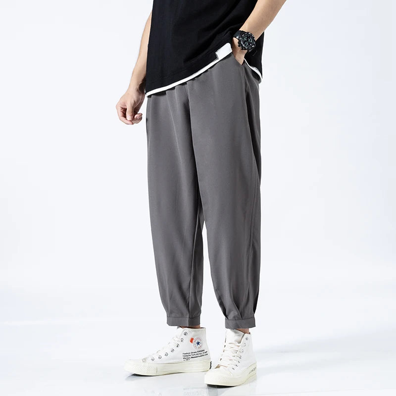 Ice Silk Summer Men's Ankle-length Pants Solid Loose Quick Dry Pants Mens Casual Elastic Lightweight Joggers Thin Business