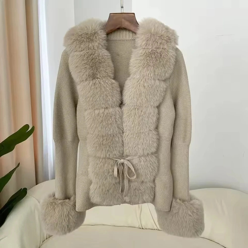 FURYOURSELF 2025 Autumn Winter Women's Short Knitted Sweater with Artificial Fur New Brazilian Best-selling Women's Cardigan